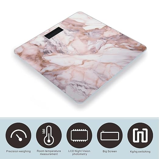 Pink White Marble Pattern Scale with LCD Precision Weighing Scales Sturdy Tempered Glass Weight Scales Easy-to-Read Anti-Slip Weight Digital Bathroom Scale for Daily
