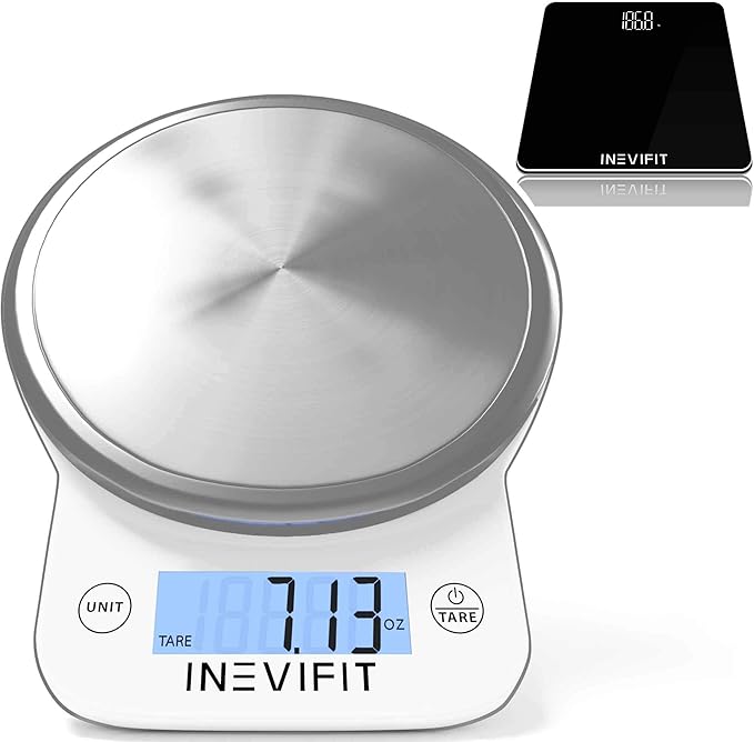 INEVIFIT Bathroom Scale &amp Digital Kitchen Scale Fitness Bundle Complete Body Composition and Nutrition Tracking Solution with Batteries Included