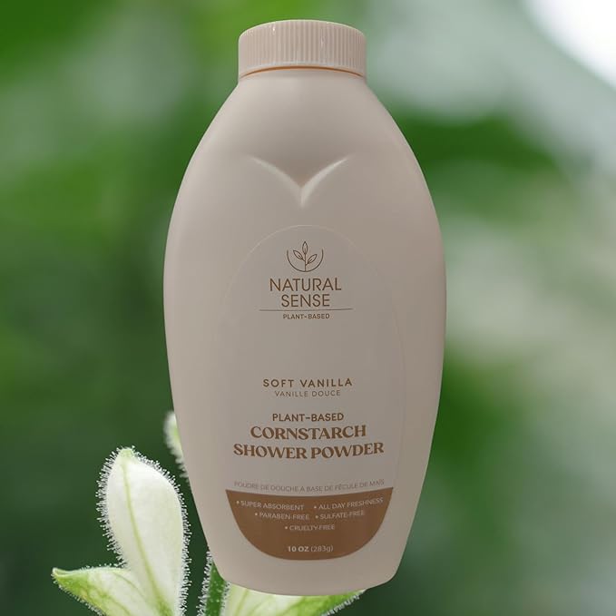Natural Sense Plant-Based Cornstarch Shower Powder Soft Vanilla Talc-Free 10 oz