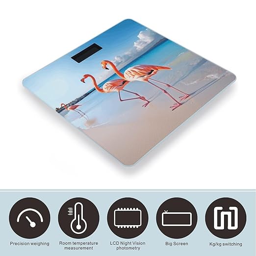 Pink Flamingo on Beach Scale for Body Weight Highly Accurate Digital Bathroom Body Scale Digital Bathroom Scales for People Anti-Slip Large LCD Display Smart Scales
