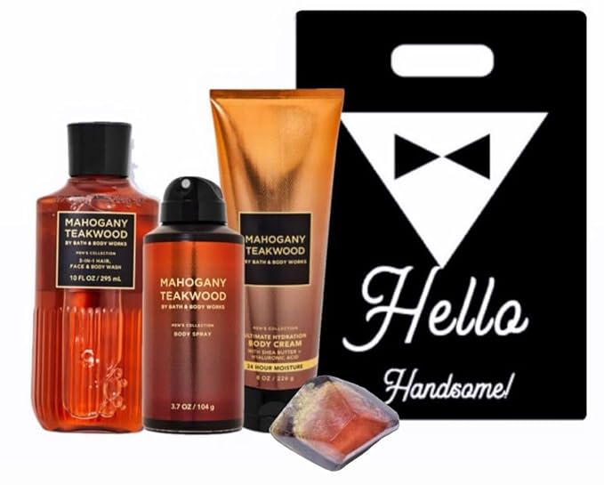 White Barn Bath &amp Body Works - Men's Collection - 3 Piece Bundle - Spray - Body Cream - Shower Gel and Diamond Soap (Mahogany Teakwood)