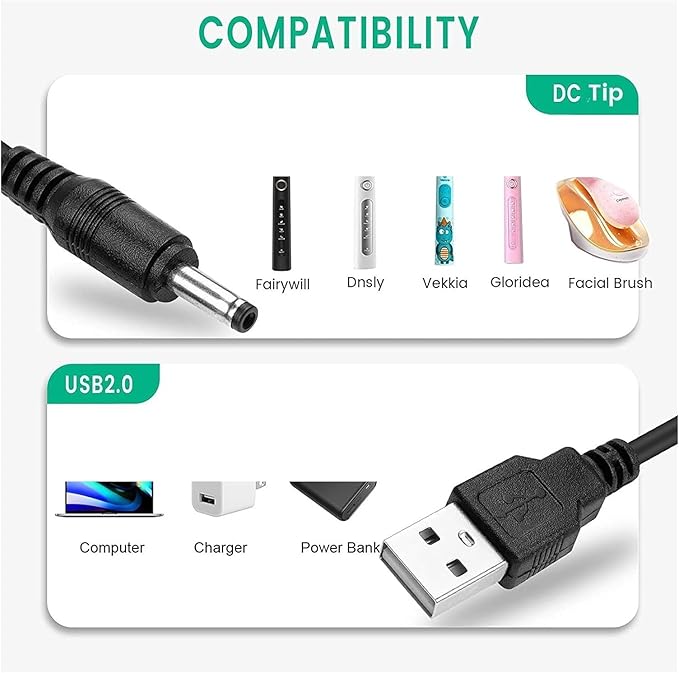 Electric Toothbrush Charger Cable Replacement Compatible for Fairywill FW-507/508/917/D1/D3/D7/D8/E6/E10/E11/2011/2001/P10/P11/T9/B1/K5 Kid(1PCS White)