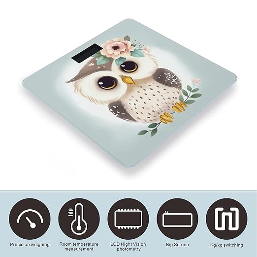 Cute Owl with Flowers Bathroom Scale Large LCD Backlight Display Digital Scale Rounded Corners Body Scales Automatic Power On/Off Bathroom Scales for Home Bedrooms
