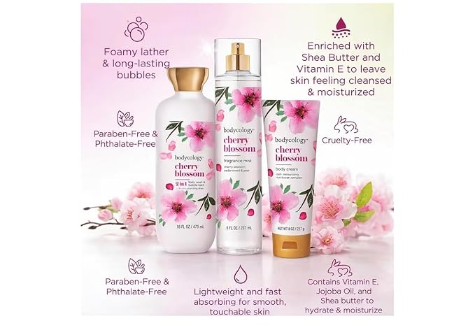 Cherry Blossom Collection – 2-in-1 Body Wash &amp Bubble Bath Fragrance Mist Body Cream – Choose one or the 3-Piece Set (Cherry Blossom 3-Piece Set)