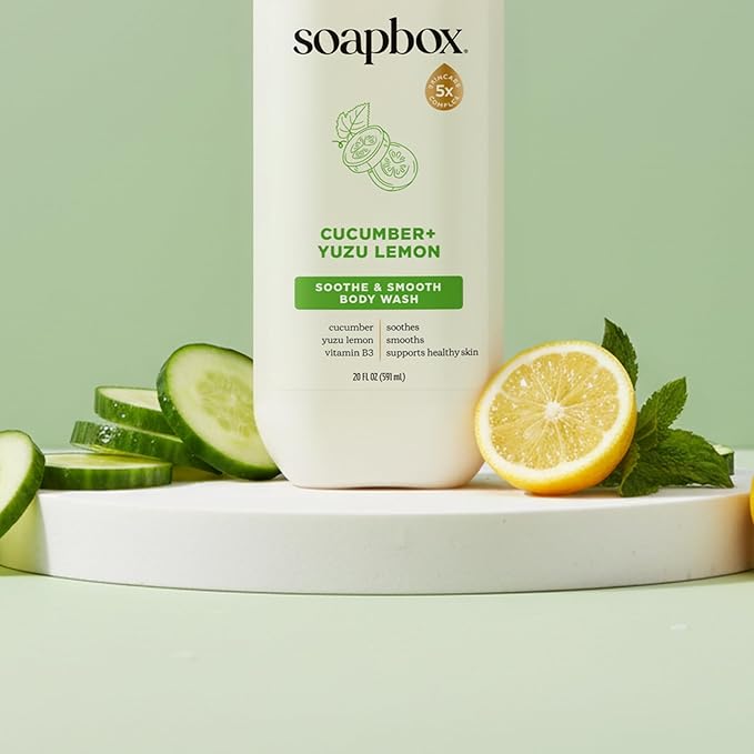 Soapbox Cucumber + Yuzu Lemon Body Wash for Women Men Vegan + Antioxidant Rich Soothing Moisturizing Soap with Shea Butter Peptides &amp Keratin Promoting B3 3 Pack 20oz Each