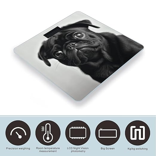 Cute Black Pug Dog1 Bathroom Scale for Body Weight Bathroom Digital Electronic Weighing Scale with Back Lit LED Display Sturdy Tempered Glass Weight Watchers Scales 400lb