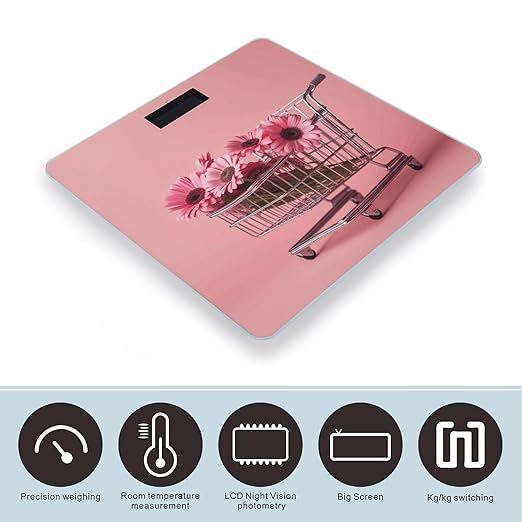 Flowers in Shopping Cart Scale for Body Weight Sturdy Tempered Glass Weighing Scales with LCD Display Accurate Digital Bathroom Scale Convenient Body Fat Smart Scales 400lb