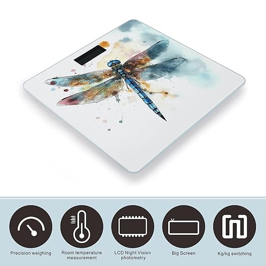 Watercolour Dragonfly Bathroom Scale Rounded Smart Scale for Body Weight Automatic Power On/Off Weight Scales Accurate Bathroom Digital Scales for Pet Home Bedroom Kitchen