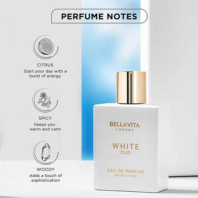 BellaVita Luxury White Oud Perfume &amp Body Wash Combo | Unisex Eau De Parfum with Orange Freesia &amp Woody Notes (100ml) + Exotic Oud Shower Gel with Aloe Vera (500ml) | Long-Lasting &amp Deep