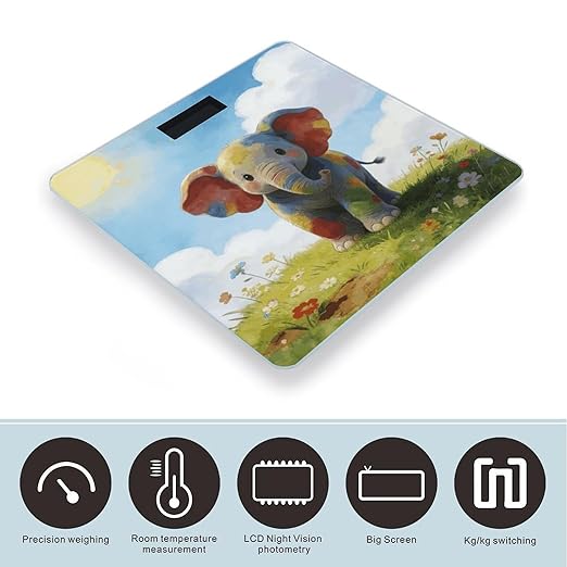 Colorful Baby Elephant Weight ScaleClear LED Display Bathroom Digital Weighing ScaleTempered Glass Digital Bathroom Scale for Body Weight Capacity Up to 400 Lbs