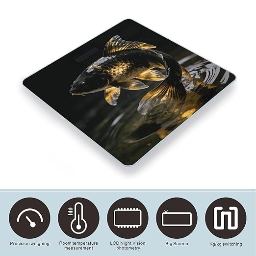 Black Gold Koi Weight ScaleClear LED Display Bathroom Digital Weighing ScaleTempered Glass Digital Bathroom Scale for Body Weight Capacity Up to 400 Lbs