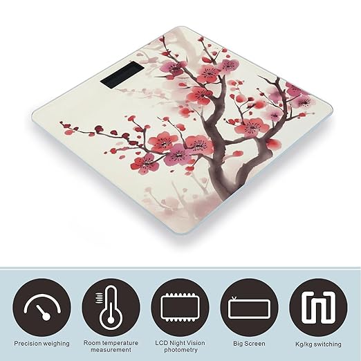 Japanese Spring Plum Floral Weight ScaleClear LED Display Bathroom Digital Weighing ScaleTempered Glass Digital Bathroom Scale for Body Weight Capacity Up to 400 Lbs