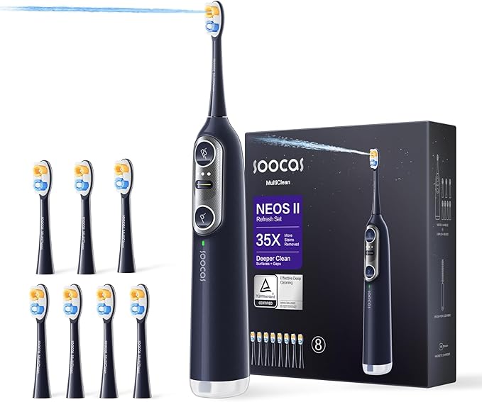 Soocas NEOS II Refresh Set - Electric Toothbrush with Water Flosser Sonic Electric Toothbrush for Adults Portable for Travel Deep Clean for Implants &amp Braces Healthier Gums Dark Violet