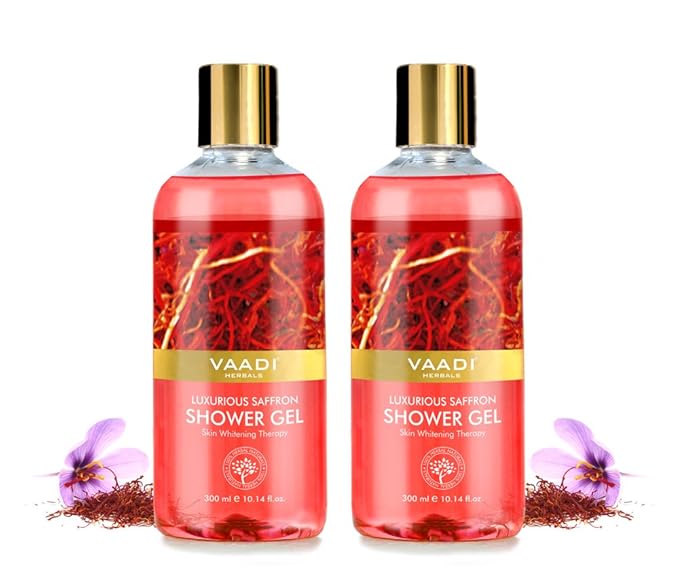 Vaadi Herbals Shower Gel - Sulfate-Free - Herbal Body Wash Both For Men And Women - 300 Ml (10.14 Fl Oz) - (Luxurious Saffron) (2 Bottles)
