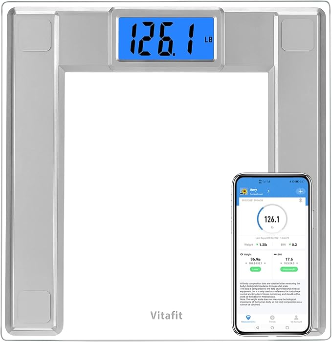 Vitafit 550lb Digital Bathroom Scale for Body Weight and BMI Via Smart APP High Accuracy Assured by Weighing Professional Since 2001 8mm Tempered Glass Extra Large Blue Backlit LCD Silver