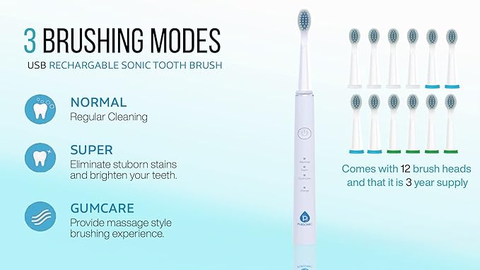 Pursonic Whitening USB Rechargeable Sonic Toothbrush-12 Brush Heads!- 38000 Brush Strokes Per Minute-3 Brushing Modes with 2 Minute Auto Timer (White)