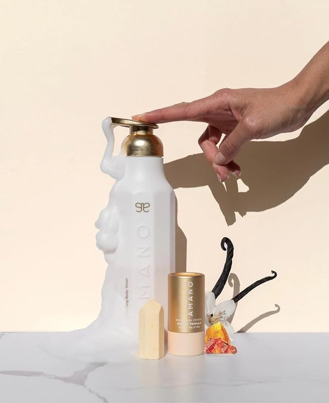 Crystal Body Wash Starter Kit - Luxury Foaming Body Wash with Reusable Bottle &amp Body Wash Vegan Sulfate-FreePhthalate-Free - Glowing and Smoother Skin in 30 DAYS (AMBER Vanilla)