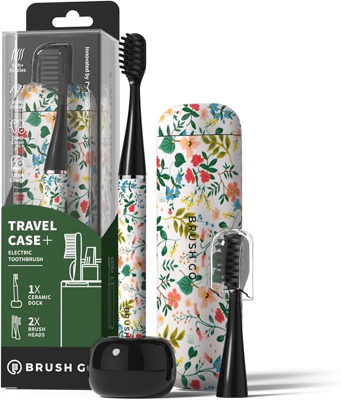 MIPOW Brush GO SlimPro i4 Electric Toothbrush Rechargeable Smart Ultra Sonic 3 Modes Travel Case &amp Ceramic Dock 60Day Battery Soft Bristles 2 Heads IPX7 Waterproof Color-FloraBloom Edition