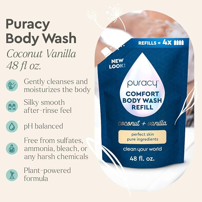 Puracy Body Wash Natural Body Wash 98.6% Pure Plant Ingredients Moisturizing Shower Gel for Women Men Kids Body Soap for Dry Sensitive Skin. Coconut &amp Vanilla 48 Oz Pack of 2 and12 Oz
