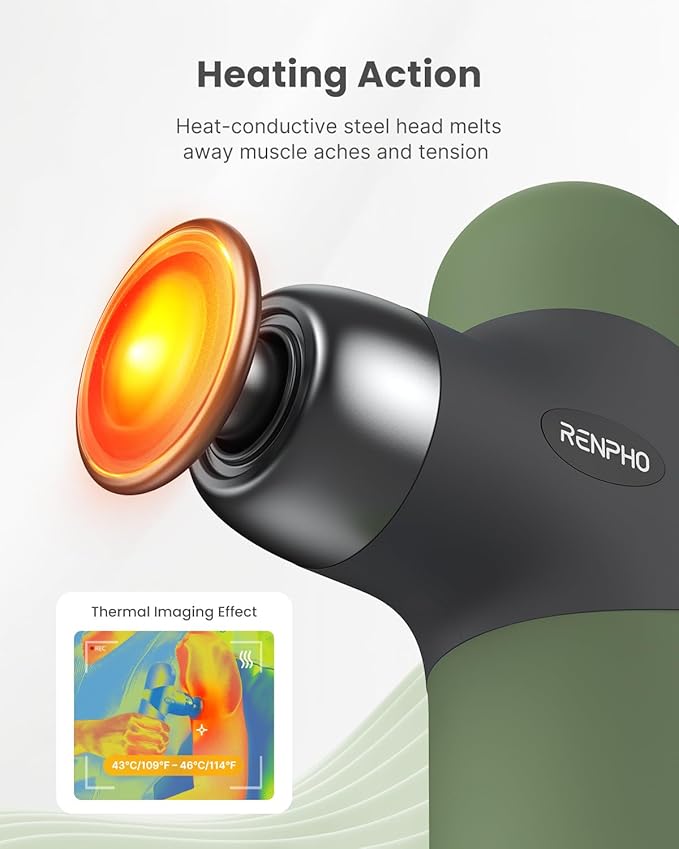 RENPHO Mini Thermal Massage Gun with Heat Portable Deep Tissue Percussion Massager with 4 Heads for Neck &amp Back Comfort Ultra-Quiet Operation for Home Office &amp Travel Includes Compact Carr