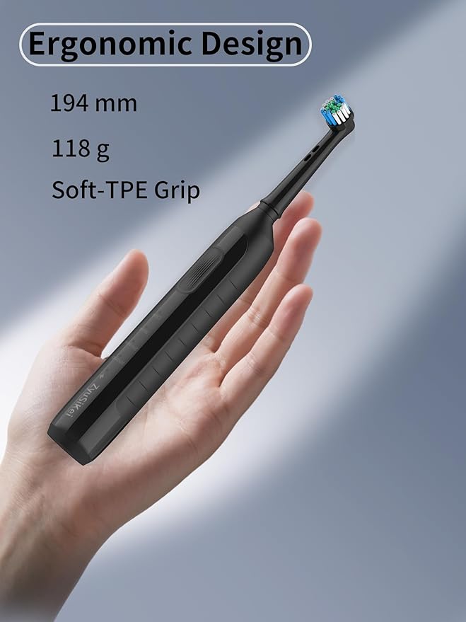 Rotating Electric Toothbrush for Adults with 4 Modes Round Head and USB Charging Base - for Sensitive Gums IPX7 Waterproof (Black)