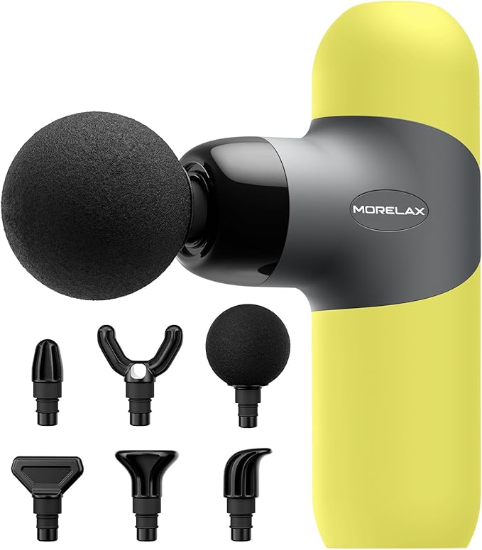 Morelax Mini Massage Gun Portable Deep Tissue Muscle Percussion Massager Electric Handheld Sport Massager with 6 Massage Heads 4 Speed Best Gift (Yellow)