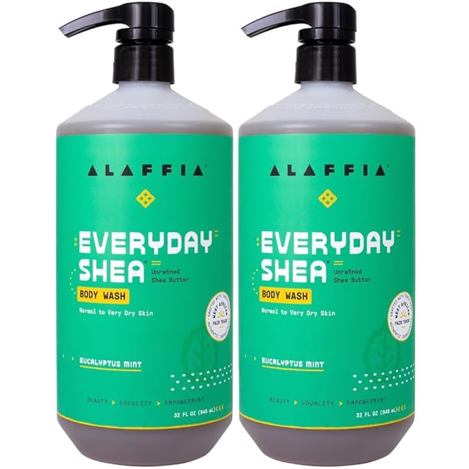 Alaffia Body Wash 2-Pack Everyday Shea Eucalyptus Mint – Gentle Skin Care Moisturizing Cleanser for Normal to Very Dry Skin 32 Oz Each