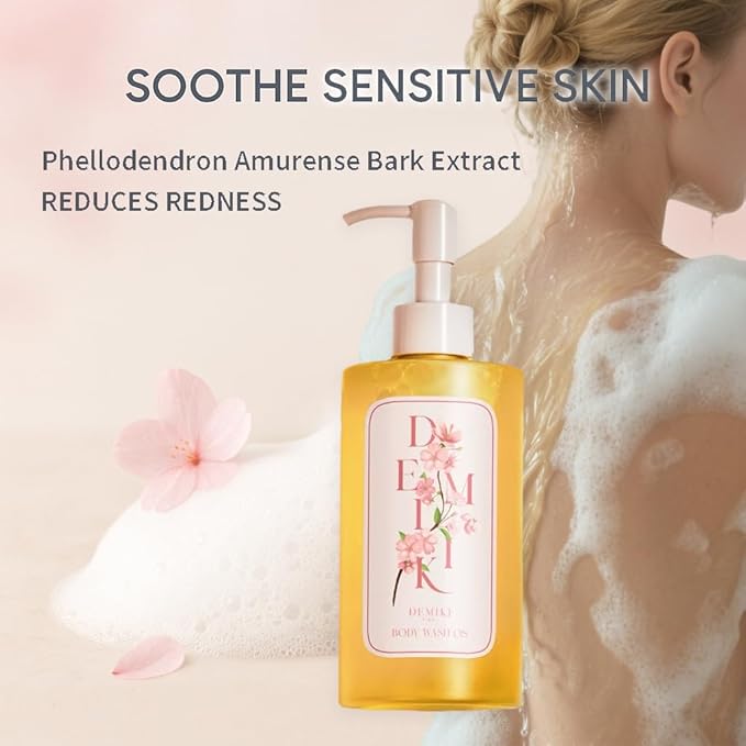 DEMIKI Body Wash Women Shower Gel for Dry and Sensitive Skin-Moisturizing shower gel with Japanese Sakura ScentShower Gel of Sulfate FreeParaben Free pH Balanced Body Wash Natural Bodywash 10fl.oz