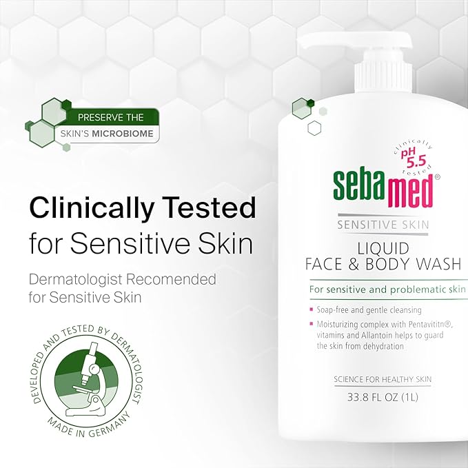 SEBAMED Liquid Face and Body Wash For Sensitive Skin pH 5.5 Mild Gentle Hydrating Cleanser Hypoallergenic Dermatologist Recommended 33.8 Fluid Ounces (1 Liter) For Healthier Smoother Skin