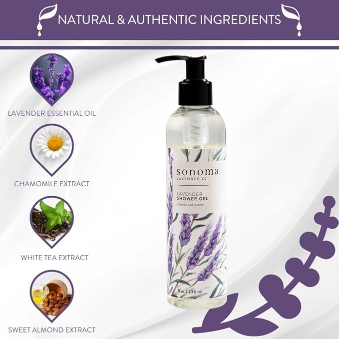 Sonoma Lavender Lavender Shower Gel Body Wash Natural Non-Toxic Body Soap with Nourishing Vitamins and Lavender Essential Oils 8oz