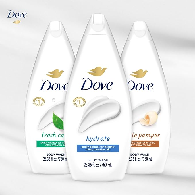 Dove Body Wash Value-Size Variety 3-Pack – Hydrate Fresh Care and Gentle Pamper 25.36 Oz Ea