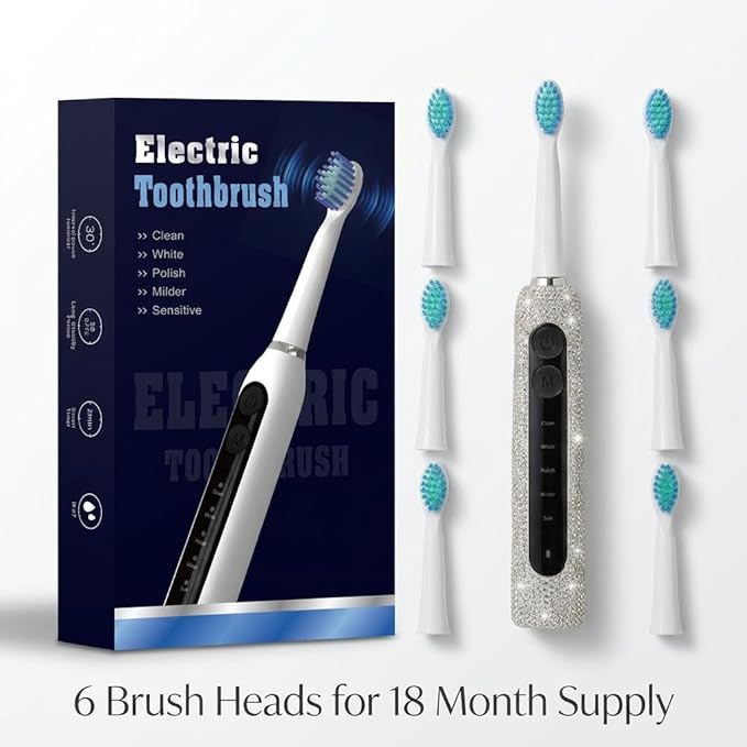 Diamond Sonic Electric Toothbrush Bling Rechargeable Toothbrushes for Adults with 6 Brush Heads Vibrating Toothbrush-5 Modes USB-C Fast Charge2Min Smart TimerIPX7 Waterproof(White)