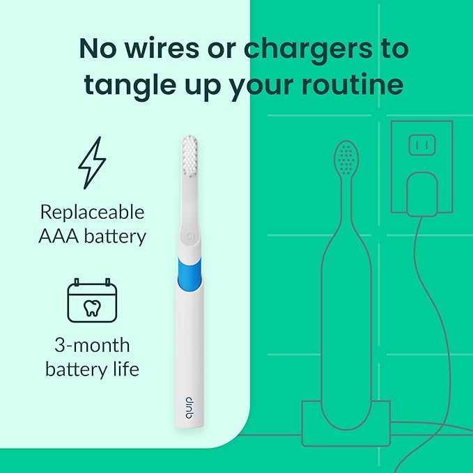 Quip Sonic Electric Toothbrush for Adults - Time Travel &amp Soft Bristles with Travel Case &amp Replacement Brush Head - 3 Month Battery Life Plastic Handle - Blue