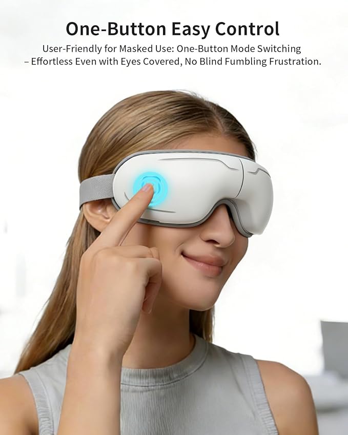 Eye Massager with Heat and Compression - Classic White Heated Eye Mask with Vibration Bluetooth Music 6 Modes Rechargeable 1200mAh Battery for Eye Strain Dry Eyes Migraines Relief