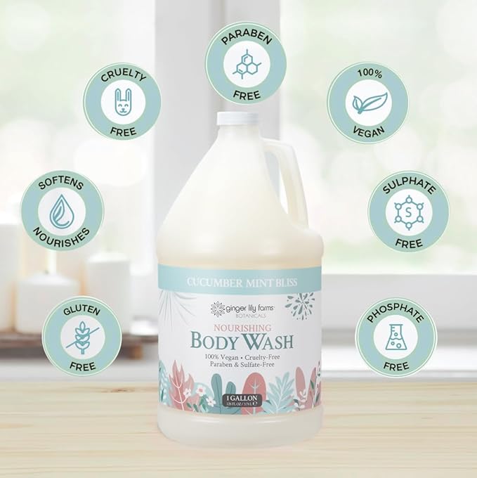 Ginger Lily Farms Botanicals Nourishing Body Wash 100% Vegan &amp Cruelty-Free Cucumber Mint Bliss Scent 1 Gallon (128 fl oz) Refill