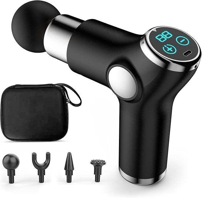 Ergocar Powerful Muscle Massage Gun Deep Tissue 6 Speeds Handheld Electric Body Massager with 4 Heads Super Quiet Portable for Athletes Sedentary Office Worker Touch Screen-Black