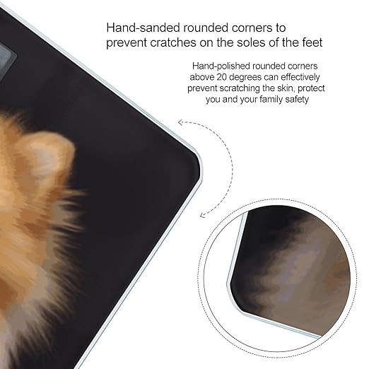 Happy Short Haired Pomeranian Bathroom Scale Automatic Power On/Off Body Scales LCD Backlight Display Square Digital Scale Rounded Corners Bathroom Scales for Home Bedrooms
