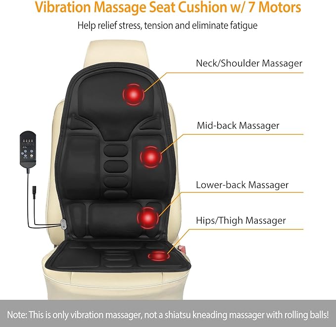 Electric Back Massager Seat Cushion with Heat – Full Back &amp Lumbar Massage Chair Pad 8 Vibration Modes 3 Intensity Levels Portable for Home Office &amp Car Use