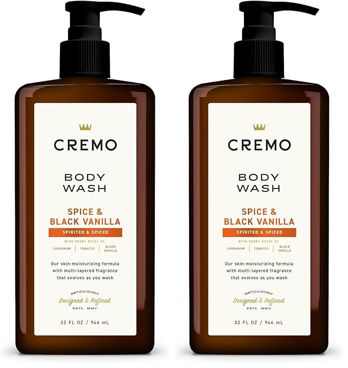 Cremo Rich-Lathering Spice &amp Black Vanilla Body Wash for Men Notes of Spices Dark Woods and Black Vanilla 32 Fl Oz(Pack of 2)