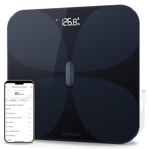 Yunmai Smart Scale with BMI Body Fat Muscle Mass Body Weight Body Fat Scale 13 Body Composition Scale Accurate Digital Bathroom Scale Bluetooth Apple Health Compatible Rechargeable 400lb