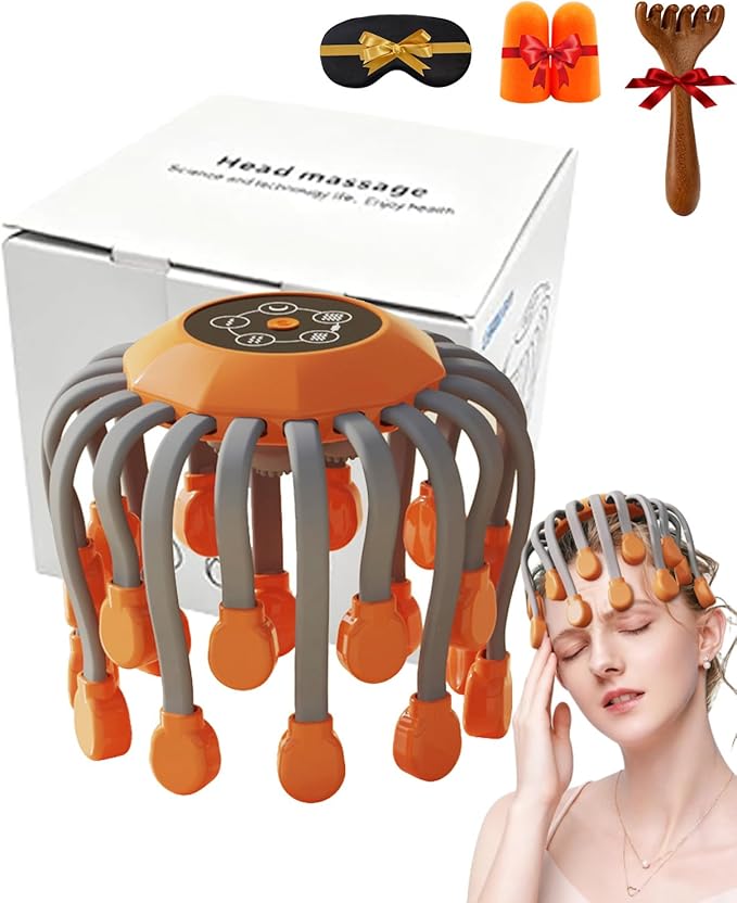 Head Massager Official Anti-Stress Massager for Migraines with 5 Modes &amp 3 Levels Adjustable 360° Cordless Touch Scalp Massager for Stress Relax &amp Sleep Aid (Orange)