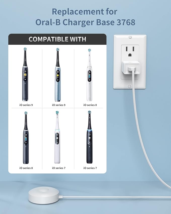 WUKUR Charger for Oral B iO Series Charging BaseCompatible with Oral B iO Electric Toothbrush 7/8/9/10 Series Magnetic Travel Charger Base Model 3768 Power Cord(White)