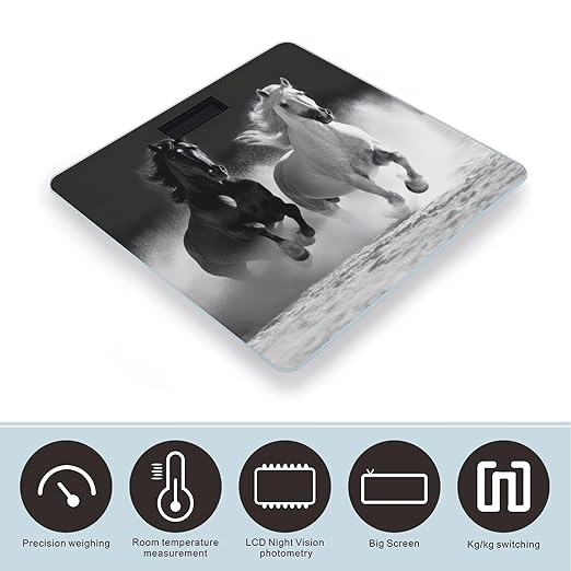Black and White Horses Running Bathroom Scale Large LCD Backlight Display Digital Scale Rounded Corners Body Scales Automatic Power On/Off Bathroom Scales for Home Bedrooms