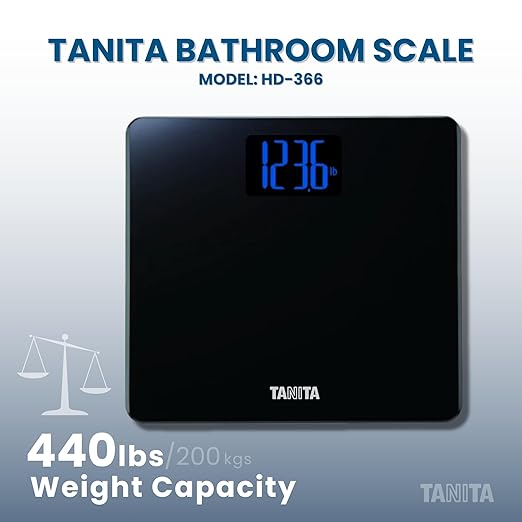Tanita HD-366 Digital Weight Scale - 440 lbs Capacity - Japan Technology Accurate Digital Weight Scale - Step On Operation Stylish Design with Reverse Blue Lit LCD Display &amp 8mm Thick Tempered Gl