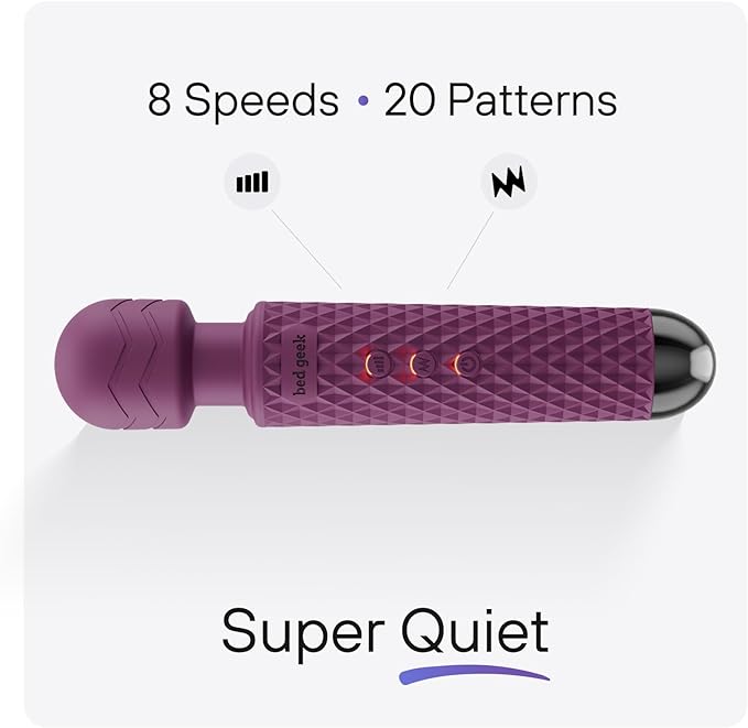 bed geek Cordless Personal Massage Wand – Waterproof &amp USB Rechargeable Skin-Soft Silicone 20 Vibration Patterns 8 Speed Settings Memory Function for Relaxation and Muscle Comfort