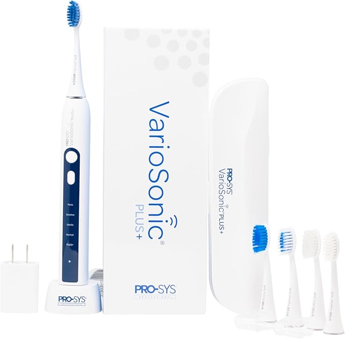 PRO-SYS® VarioSonic Plus+ Professional Electric Toothbrush Full Kit Rechargeable Powered Toothbrush with Travel Case 5 Brush Heads 5 Modes Extra Long Battery Pressure Sensor and Timer (White)
