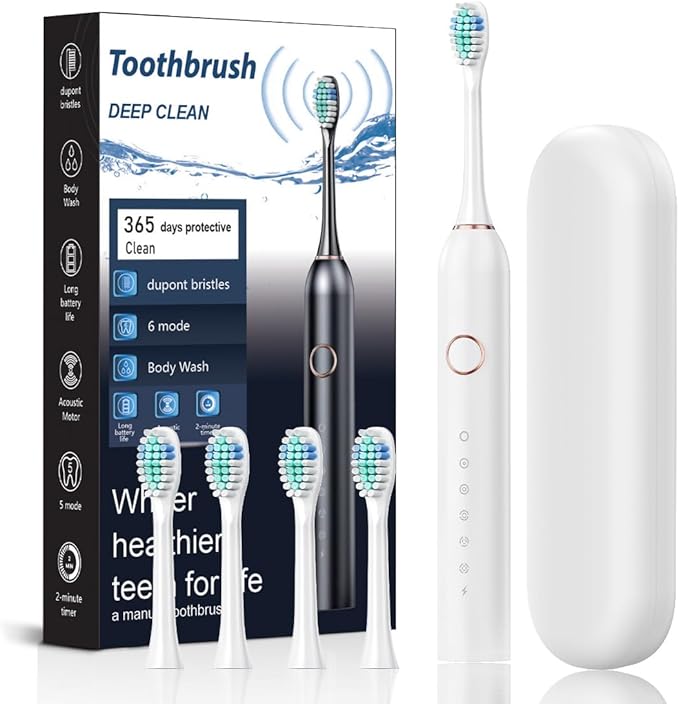 Electric Toothbrush for Adults Soft Bristled Household Toothbrushes 6 Modes 4 Brush Heads 2 Min Timer IPX7 Waterproof USB Rechargeable with Travel Case Deep Clean for Sensitive Gums (White)
