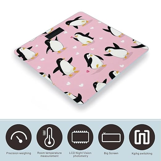 Women's Fashion Automatic Switch Digital Bathroom Weighing Scale Smart Scale Cute Cartoon Penguin and Heart Pink