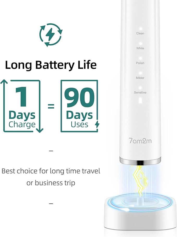 7AM2M Sonic Electric Toothbrush with 6 Brush Heads for Adults and Kids One Charge for 90 Days Wireless Fast Charge 5 Modes with 2 Minutes Built in Smart Timer Electric Toothbrushes (Black&ampWhit