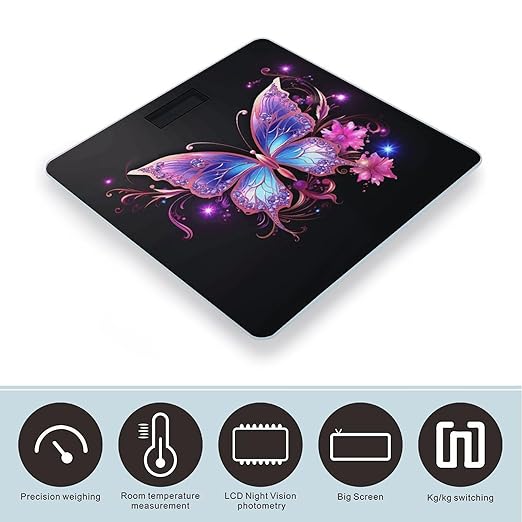 Pink Purple Butterfly Bathroom Scale Large LCD Backlight Display Digital Scale Rounded Corners Body Scales Automatic Power On/Off Bathroom Scales for Home Bedrooms